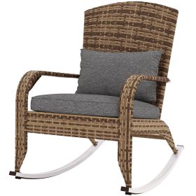 Adirondack Chair, Outdoor Wicker Rocking Chair with High Back, Seat Cushion, and Pillow for Porch, Balcony, Gray