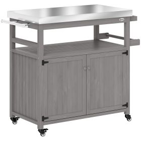 Outdoor Grill Cart w/ Stainless Steel Top, Solid Wood Outdoor Kitchen Island w/ Wheels, Storage Cabinets, Gray
