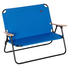 Folding Double Camping Chair Portable Loveseat 2 Person Outdoor Chair with Wood Armrest Cup Holder Beach Travel Blue