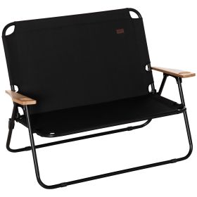 Portable Folding Double Camping Chair Cup Holder, Loveseat for 2 Person, Outdoor Chair with Wood Armrest Beach Travel, Black