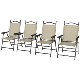 4 Piece Folding Patio Camping Chair Set, Sports Chairs for Adults with Armrests, Mesh Fabric Seat for Lawn, Beige