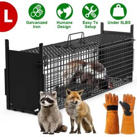 Live Animal Cage Trap For Animals Under Easy To Setup Humane Galvanized Iron Trap Cage For Raccoons Armadillos Groundhogs Muskrats Opossums Skunk (Option: LBlackWithGlove)