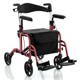 2-in-1 Rollator Walker & Wheelchair (300lbs): 6-Level Adjustable Handles, 1-Hand Folding, Storage Bag + Cane Holder for Elderly-Red (Option: Default Title)