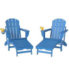 Folding Adirondack Chair Set of 2, HDPE Fire Pit Chair with Retractable Ottoman and Cup Holder, Blue (Option: Blue-900x420x550 mm)