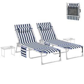 Tanning Chair Set of 2 with Face Hole and Side Table, 5-Position Folding Outdoor Chaise Lounge Chair, Blue and White (Option: Blue and White-780x280x650 mm)