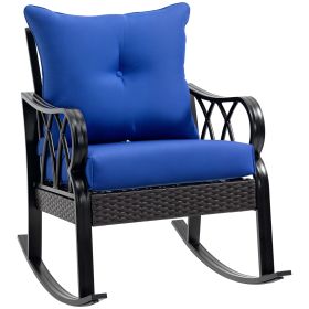 Outdoor Wicker Rocking Chair with Padded Cushions, Aluminum Furniture Rattan Porch Rocker Chair w/ Armrest for Garden, Patio, and Backyard, Blue (Option: Blue-960x280x700 mm)